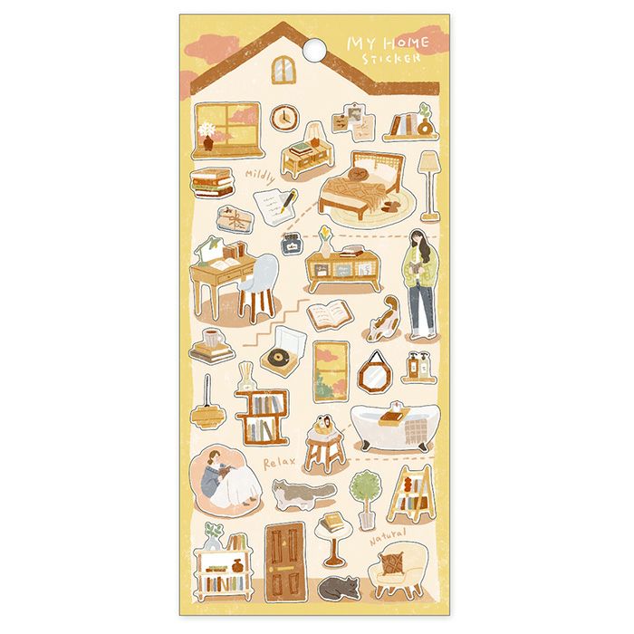 Sheet of decorative stickers with home-themed illustrations.